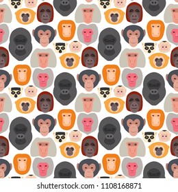 Monkey character animal breads seamless pattern background wild zoo ape chimpanzee vector illustration.