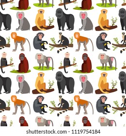 Monkey Character Animal Breads Seamless Pattern Background Wild Zoo Ape Chimpanzee Vector Illustration.