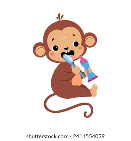Monkey Character Brushing Teeth with Toothbrush as Hygiene Vector Illustration