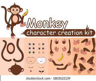 Monkey character creation kit - vector set. Monkey animal character's eyes, mouth and body kit with different feelings, pose and gestures for animal collection design.