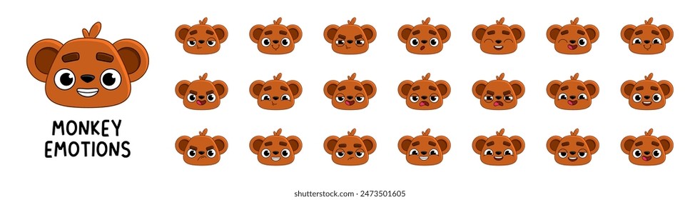 Monkey character head set. Mascot stickers with different emotions. Vector cute character animal, pet