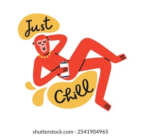 Monkey character lounging and relaxing with drink. Funny carefree lazy animal just chilling on summer holiday. Relaxation sticker with phrase. Flat vector illustration isolated on white background