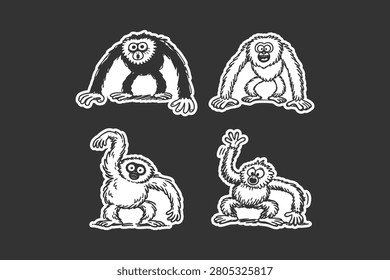Monkey character set featuring four cute hand drawn gibbon primates in various expressive poses isolated on a dark grey background for creative sticker design projects