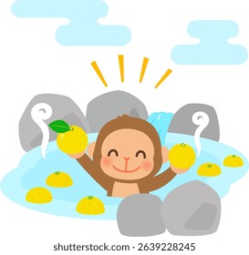 Monkey character taking a yuzu bath