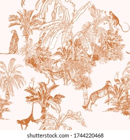 Monkey, Cheetah Wild Animals, Tropical Forest Engraving Print, Toile Monochrome Linear Drawing Jungle Wildlife Ochre on White Background, Exotic Oriental Wallpaper Design Doodle Jungle Wildlife, Palms