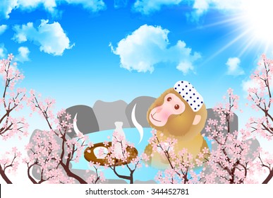 Monkey cherry hot springs New Year's card