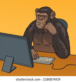 Monkey Chimp Sitting At Computer Doing Monkey Business Pop Art Retro Vector Illustration. Comic Book Style Imitation.