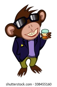 Monkey Chimp in sunglasses standing in a blazer and trousers, smiling and holding a glass leg with a drink.