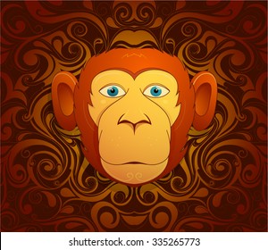 Monkey chimp as symbol for year 2016 by Chinese traditional horoscope with orient ornament on backdrop