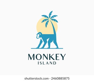 Monkey Chimpanzee Ape Primate Island Palm Tree Sun Holiday Vacation Vector Logo Design Illustration