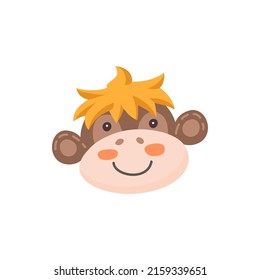 Monkey or chimpanzee funny animal face isolated flat cartoon head. Vector cute childish mask, kids ape primate baby avatar user pic. Childish pet monkey with bangs hair. Cute comic emoticon emoji