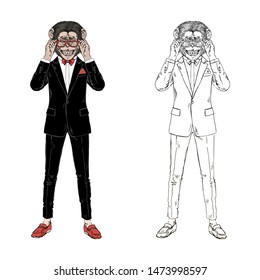 Monkey Chimpanzee gentleman dressed up in tuxedo. Anthropomorphic Animal zodiac sign character. Chinese New Year