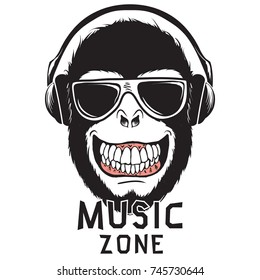 Monkey chimpanzee listening to music through headphones.Prints logo design for t-shirts
