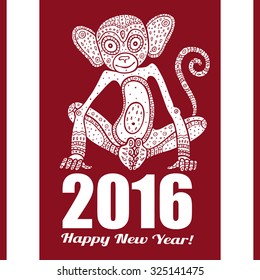 Monkey. Chinese Animal astrological sign 2016 year, Hand drawn Vector Illustration