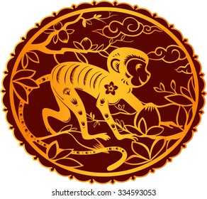 Monkey. Chinese folk paper cutting. Symbol of 2016 New Year.