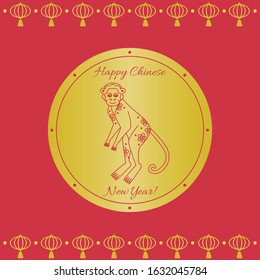 Monkey Chinese new year greeting card vector red gold colorful illustration