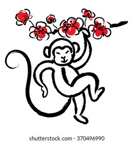 Monkey Chinese zodiac in calligraphy style with cherry blossoms.