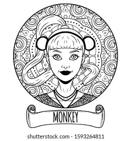 Monkey Chinese zodiac sign artwork as beautiful girl, adult coloring book page, vector illustration