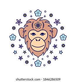 Monkey Chinese zodiac sign in line art style on white background.