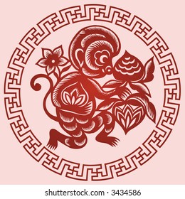 MONKEY Chinese Zodiac Sign in paper cutting style (Vector)