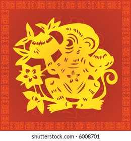 Monkey Chinese Zodiac Sign in paper cutting style (Vector)