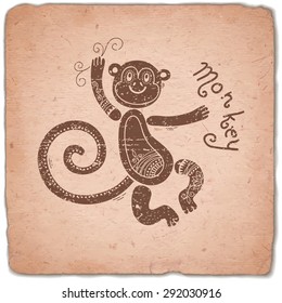 Monkey. Chinese Zodiac Sign. Silhouette with Ethnic Ornament. Horoscope Vintage Card. Vector illustration.