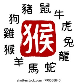 Monkey. Chinese zodiac signs. Hieroglyph calligraphy. Chinese New Year. Chinese signs.