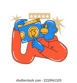 The monkey chooses which cryptocurrency to buy. Investment, startup, search for new successful business ideas. Cartoon stule in vector illustration. Isolated object.