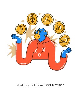 The monkey chooses which cryptocurrency to buy. Investment, startup, search for new successful business ideas. Cartoon style in vector illustration. Isolated object.