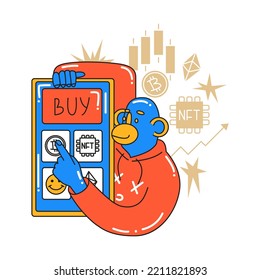 El mono elige qué criptodivisa comprar. Inversión, inicio, búsqueda de nuevas ideas de negocio exitosas. Estilo de dibujo en ilustración vectorial. Objeto aislado.