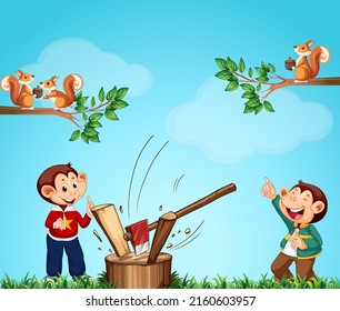 Monkey chopping wood in the park illustration