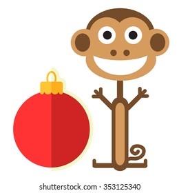 Monkey and christmas ball. Vector illustration. Flat design.