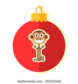 Monkey and christmas ball. Vector illustration. Flat design.