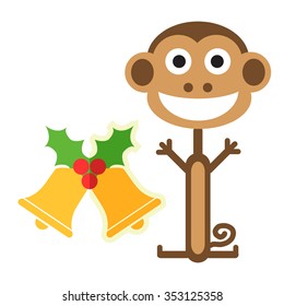 Monkey and christmas bell. Vector illustration. Flat design.