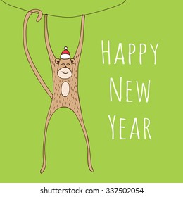 Monkey Christmas card. Funny New Year illustration with monkey. Cute greeting card for New year. Vector illustration with the image of the monkey