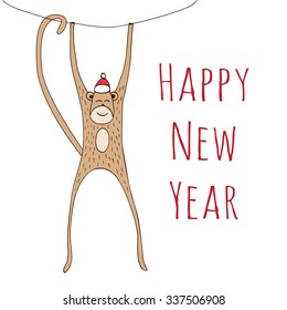 Monkey Christmas card. Funny New Year illustration with monkey. Cute greeting card for New year. Vector illustration with the image of the monkey