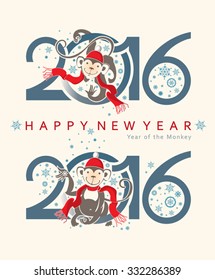 Monkey in circle. New Year's design. Two vector signs 2016.