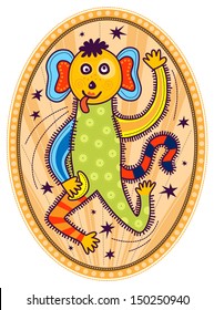 A monkey in a circus. Colorful clothes and a banana in the foot. A monkey in a jump. Bright striped background with stars. Oval frame with light dots.
