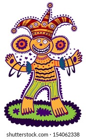 Monkey circus performer in decorative dress and cap spinning hoops on their feet and smiling.