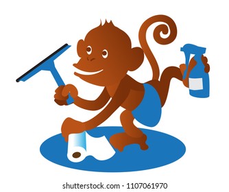 monkey with clean tools. Window washing, paper towels, spray, wiper. monkey maid. house cleaning. simple silhouette.