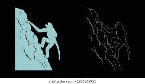 Monkey climbing a cliff rock face silhouette icon set with climbing