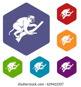 Monkey is climbing up on a tree icons set hexagon isolated vector illustration