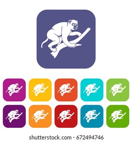 Monkey is climbing up on a tree icons set vector illustration in flat style In colors red, blue, green and other