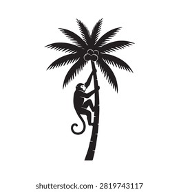Monkey Climbing Palm Tree Silhouette Against White Background