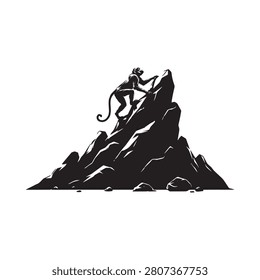 Monkey Climbing Rocky Mountain Silhouette Black And White Graphic