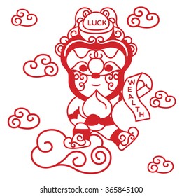 MONKEY CLOUD
An illustrate monkey flying on a cloud holding peach and paper wishing you wealth for the up coming year, year of monkey.