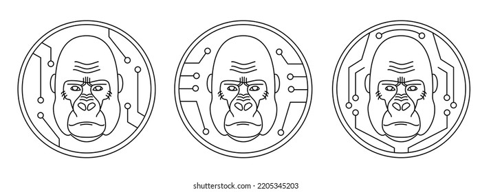 Monkey coin. Mining, alternative currency, Nft. Three variants of the gorilla head logo. Monkey face icon. The head of a primate with a serious expression. Outline, flat, sketch. Vector illustration.