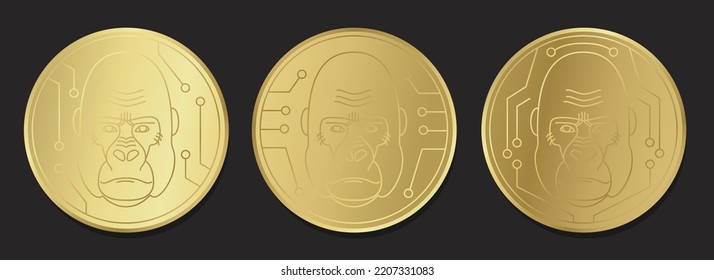 Monkey coin. Mining, alternative currency, Nft. Three variants of the gorilla head logo. Monkey face icon. The head of a primate with a serious expression. Outline, flat, sketch. Vector illustration.