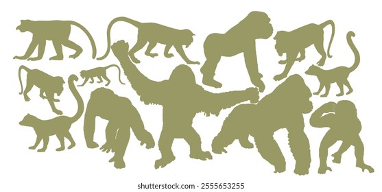 Monkey collection vector silhouette illustration isolated on background. Chimpanzee. Gorilla. Proboscis monkey nasalis larvatus, nose monkey. Langur. Red shanked Douc. Lemur. Orangutan symbol.