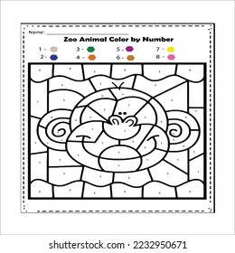 Monkey Color by numbers. Coloring book. Educational puzzle game for children. Cartoon vector illustration.